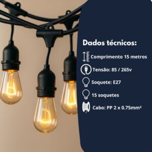 Varal Luzes 15 Soquete 15 Metros Preto Com 15 Lâmpada Bulbo 9w 3000k Amarela 110v 220v Festão Cordão