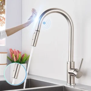 Torneira de Cozinha com Sensor Inox e Controle de Toque - Rotação 360