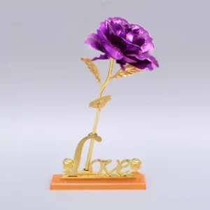 Rosa Artificial Banho de Ouro 24K - Decoração Criativa para Festas - Roxo com base