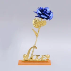 Rosa Artificial Banho de Ouro 24K - Decoração Criativa para Festas - Azul com base