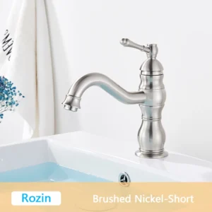 Torneira de Banheiro de Bronze Antigo com Misturador Quente e Frio - Níquel Escovado Curto