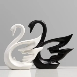 Estatuetas de Cisnes em Cerâmica Preto e Branco para Decoração