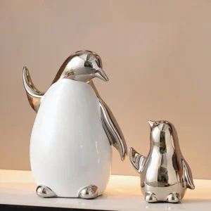 Escultura de Pinguim Dourado em Cerâmica para Decoração Moderna - prateado.2 peças