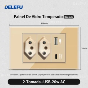 Interruptor de Luz com Tomada e USB - Vidro Temperado Dourado - 2 Brasil 20w AC, 10A
