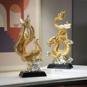 Escultura de Dragão e Fênix em Resina para Decoração de Ambientes