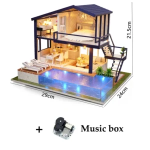 Casa de Bonecas de Madeira DIY - Mini Kit de Montagem com Móveis - A-066-G sem tampa