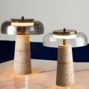 Candeeiro de Mesa em Pedra Travertina Estilo Cogumelo - Iluminação Moderna