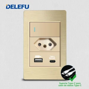 Tomada de Parede Dupla USB Tipo C à Prova d'Água - Delefu - 1gang Brasil 20w AC, Universal