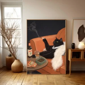 Cartaz Engraçado de Gato Preto Fumando - Decoração Retro para Casa