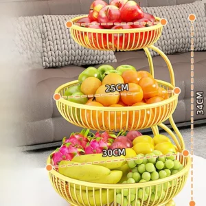 Cesto de Frutas Multicamadas em Ferro - Organizador de Mesa Elegante - Dourado Luxuoso - Grande de Três Camadas - Expositor de Frutas Escalonado