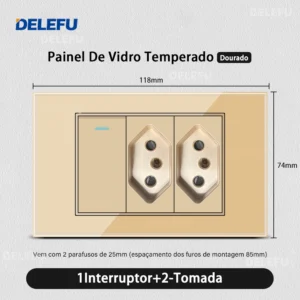 Interruptor de Luz com Tomada e USB - Vidro Temperado Dourado - 1 gangue 2 Brasil, 10A