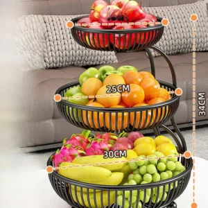 Cesto de Frutas Multicamadas em Ferro - Organizador de Mesa Elegante - Preto Estético - Grande de Três Níveis - Suporte de Exibição de Frutas em Degraus