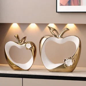 Escultura em Miniatura de Maçã Oca Dourada em Cerâmica para Decoração