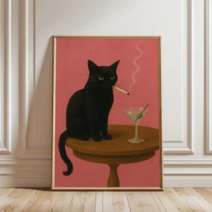 Cartaz Engraçado de Gato Preto Fumando - Decoração Retro para Casa
