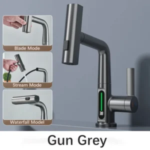 Torneira de Cozinha Inteligente com Display Digital e Rotação 360° - Cinza Gun