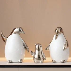 Escultura de Pinguim Dourado em Cerâmica para Decoração Moderna - prateado.3 peças