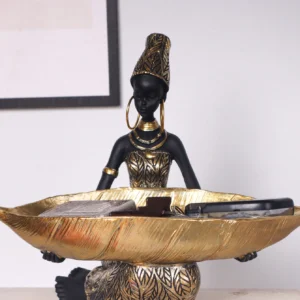 Escultura Menina Africana com Prato - Decoração Vintage para Casa e Escritório
