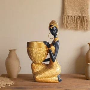 Escultura Menina Africana com Prato - Decoração Vintage para Casa e Escritório - Preto e Dourado