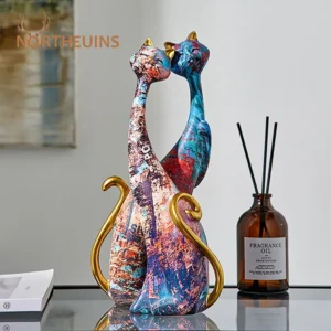 Estatueta de Gato Casal em Resina para Decoração Moderna