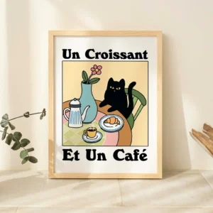 Pôster de Gato Preto com Café - Decoração de Parede Exclusiva