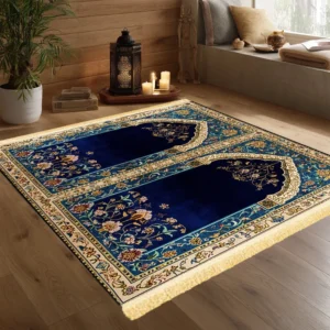 Tapete de Oração Islâmico Luxuoso Azul e Dourado - VIKAMA