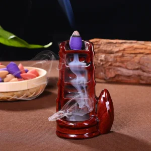 Incensário de Refluxo em Cerâmica Preta com Mão de Buda e Lótus Vermelho - CINZA