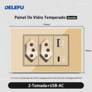 Interruptor de Luz com Tomada e USB - Vidro Temperado Dourado - 2 Brasil AC, 20A