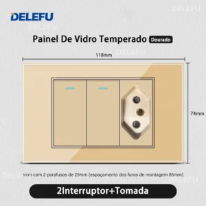 Interruptor de Luz com Tomada e USB - Vidro Temperado Dourado - 2 gangues Brasil, 10A