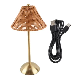 Abajur Recarregável Boho Rattan LED Regulável para Leitura e Decoração