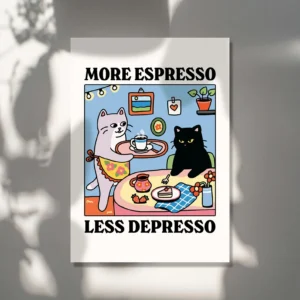 Pôster de Gato Preto com Café - Decoração de Parede Exclusiva