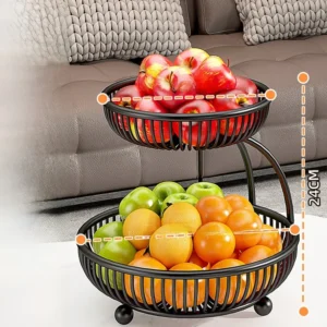 Cesto de Frutas Multicamadas em Ferro - Organizador de Mesa Elegante - Preto Estético - Pequeno de Dois Níveis - Suporte de Exibição de Frutas em Camadas