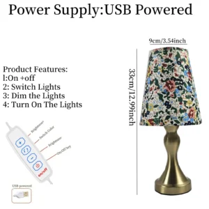 Candeeiro de Mesa Dourado com Abajur Floral e USB - Estilo Moderno