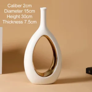 Vaso de Cerâmica Nórdico Branco com Detalhes Dourados para Decoração - Dourado