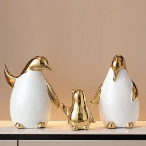 Escultura de Pinguim Dourado em Cerâmica para Decoração Moderna - dourado.3 peças