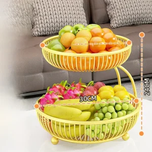 Cesto de Frutas Multicamadas em Ferro - Organizador de Mesa Elegante - Dourado Luxuoso - Suporte para Exposição de Frutas em Dois Níveis - Grande