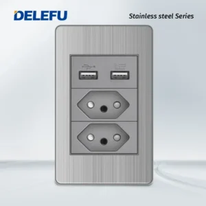 Tomada de Parede Dupla USB Tipo C 10A 20A - Aço Inoxidável - 2 Brasil AA, 10A