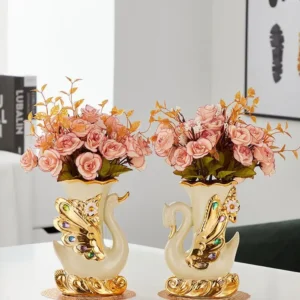 Vaso de Cerâmica Dourado em Formato de Cisne para Decoração