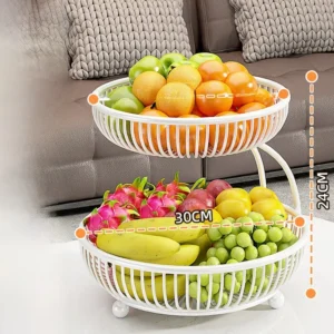 Cesto de Frutas Multicamadas em Ferro - Organizador de Mesa Elegante - Branco de Alta Qualidade - Grande de Duas Camadas - Expositor de Frutas Escalonado