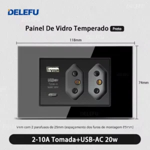 Tomada de Parede Integrada com USB Tipo C - Módulo Triplo Preto - 2Brasil AC20W, 20A-350853