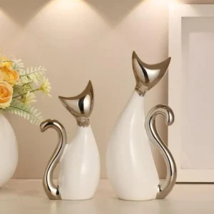 Escultura de Gato Cerâmica Moderna para Decoração de Casa e Escritório - Modelo 2 - 2 Peças