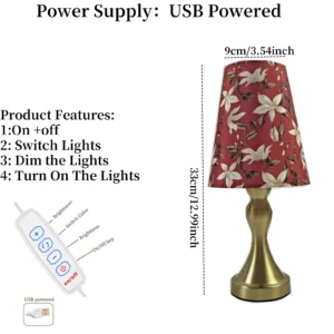 Candeeiro de Mesa Dourado com Abajur Floral e USB - Estilo Moderno