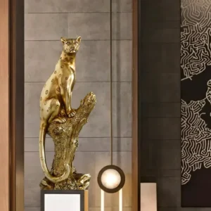 Estátua de Leopardo Dourado em Resina para Decoração de Casa