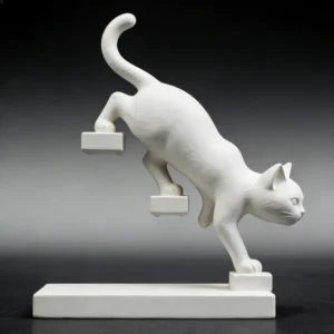 Escultura Moderna de Gato Branco Saltando - Decoração Minimalista
