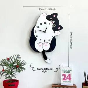Relógio de Parede Criativo com Design de Gato - Decoração Silenciosa - Balanço