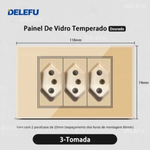 Interruptor de Luz com Tomada e USB - Vidro Temperado Dourado - 3 Brasil, 10A