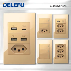 Interruptor de Luz com Tomada e USB - Vidro Temperado Dourado