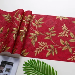 Papel de Parede Pastoral Luxuoso em PVC - Decoração Elegante - Vermelho Dourado