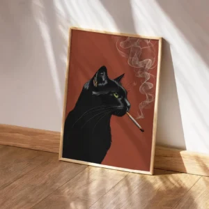 Cartaz Engraçado de Gato Preto Fumando - Decoração Retro para Casa