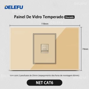 Interruptor de Luz com Tomada e USB - Vidro Temperado Dourado - Tomada NET CAT6, 10A