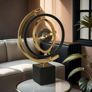 Escultura Moderna Abstrata de Globo Metálico Preto e Dourado para Decoração